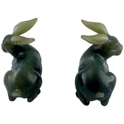 A pair of small hard stone cut rabbits, Chinese, early 20th c-.