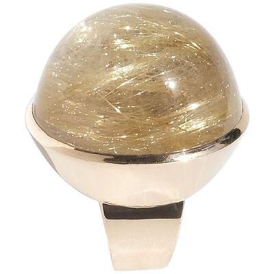 18k Gold Ring with a Large Cabochon Cut Rutile Quartz Made Year 1965