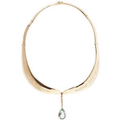 18k Gold Neck ring with a Drop Cut Aquamarine Made Year 1956