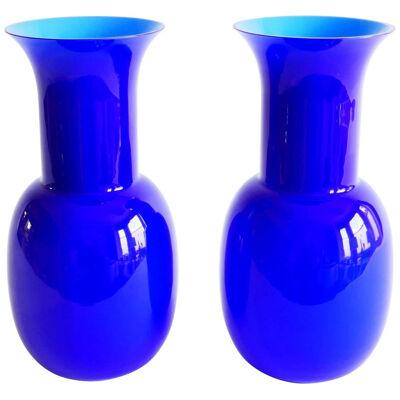 Pair of Blue Murano Glass Vase by Aureliano Toso, 2000, Italy