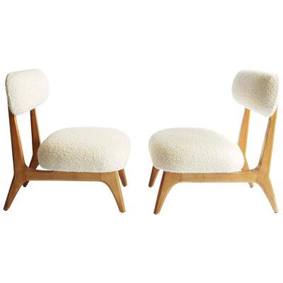 Pair of Italian Midcentury Lounge Chairs in Creamy White Boucle
