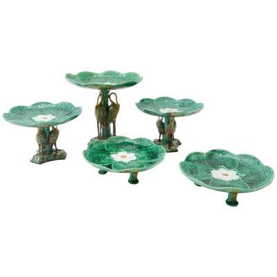Set of 5 Majolica Pond Lily and Stork Cake Stands