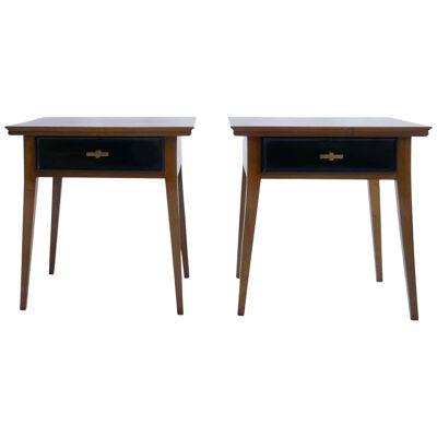 Pair of Mahogany Wood Bed Side Tables with Brass Handles, Italy, 1960s