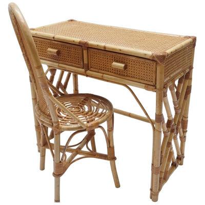 Rattan Desk/Vanity Table, Two Drawers with Matching Chair, France, 1970s