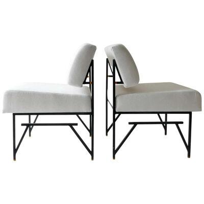 Set of 3 White Italian Lounge Chairs, Black Iron Structure, 1960s