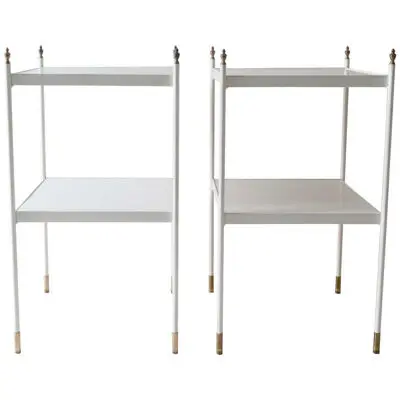 Pair of Two-Tier White Side Tables with Brass Ornaments, 1960s