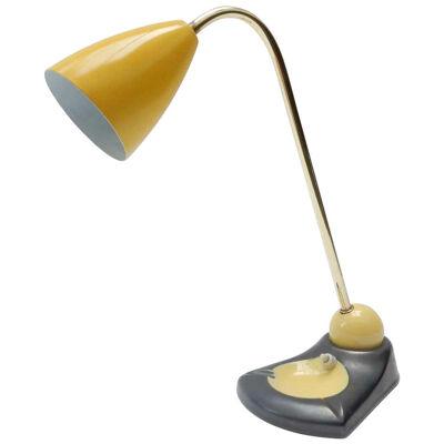 Midcentury Adjustable Brass Table Lamp and Vide Poche with a Yellow Metal Shade