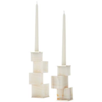 Vertigo Short and Tall Cream Onyx Stone Candleholders