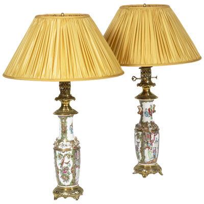 Pair of lamps in Canton porcelain and bronze. Circa 1880.