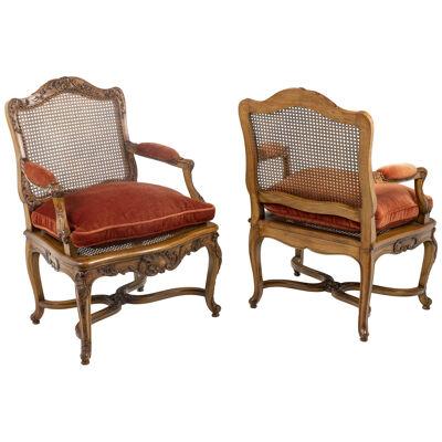 Pair of Regence style armchairs in beech and cane, twentieth century