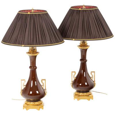 Pair of Porcelain and Gilt Bronze Lamps, circa 1880 by Maison Gagneau (signed)