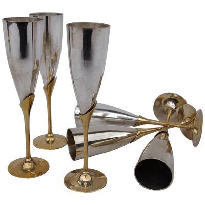 Six Brass Champagne Flutes, circa 1970