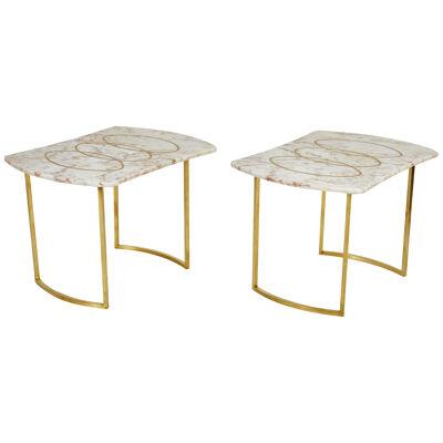 Pair of Brass Inlaid Marble Top Side Tables on Brass Bases