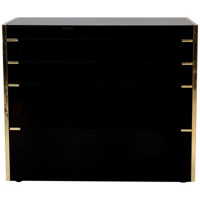 Black Glass and Brass Chest of Drawers by Ello