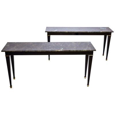 Pair of Black Lacquered Neo Classic Style Consoles with Labradorite Tops