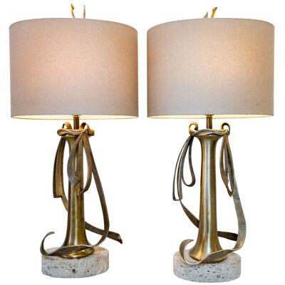 A Pair of Cast Brass Ribbon Lamps by Chapman