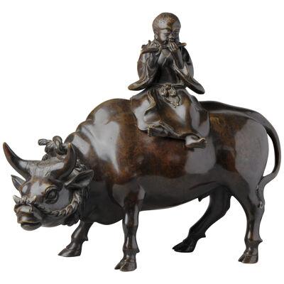Large Antique Statue Bronze Koro Incense Burner Ox and Boy Japanese Meiji Period