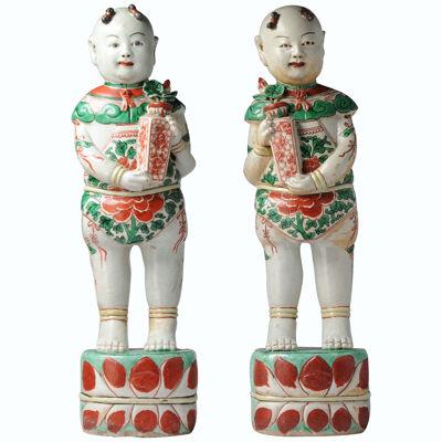 Pair Large Antique 19th c Kangxi style Chinese porcelain Statue Boy China
