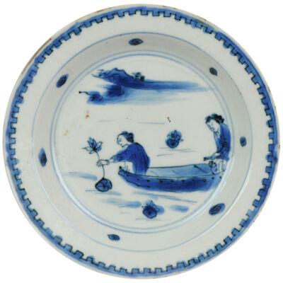 Antique Chinese Porcelain Plate 17th Lotus Fishing Ming Dynasty Tianqi/