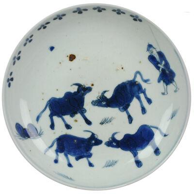 Antique Chinese ca 1600-1640 C Porcelain China Plate Cows and Shepperd