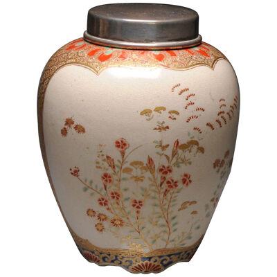 Antique 19C Japanese Satsuma Flowers Foliage Jar with Landscape Japan