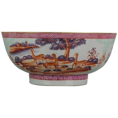Large Antique Qianlong 18th Mandarin Rose Porcelain Bowl Chinese DEER OX