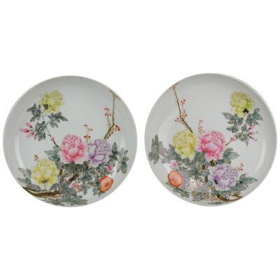 Antique Pair Chinese porcelain Republic period Marked Plates Mirroring Flowers