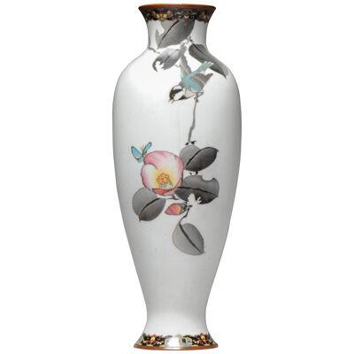 Lovely 19c Antique Japanese Bronze Cloisonne Vase Bird and Peach