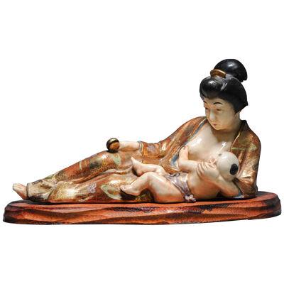 Antique 20th c Taisho Japanese Kyo Satsuma Statue of Mother and Child Marked