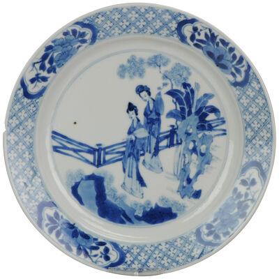 Antique Kangxi Chinese Porcelain Long Liza Blue and White Figural Plate