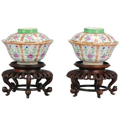 Antique Chinese 19C Porcelain Lidded Bowls SE Asia market Bencharong