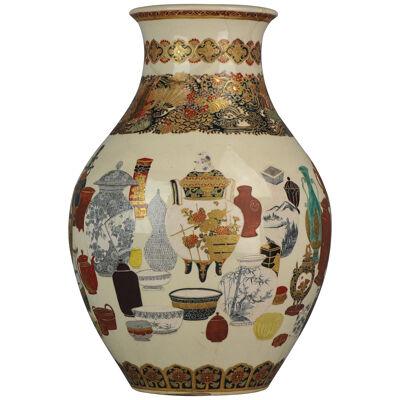 45.5cm Antique 19C Japanese Satsuma Vase Decorated with all types of Porcelain