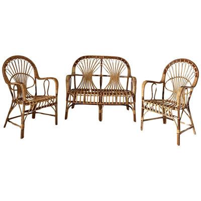 Rattan Armchairs and Sofa Garden Set attributed to Franco Albini, Italy 1960's