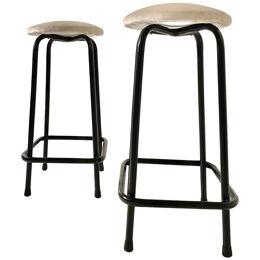 Midcentury Modern Industrial Iron and Velvet Stools, Set of Two, Italy 1960s
