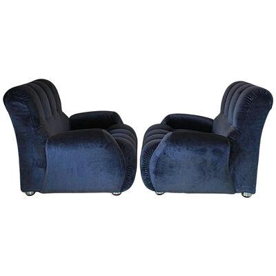 Midcentury Modern Blue Velvet Armchairs, Set of Two, Italy 1980s