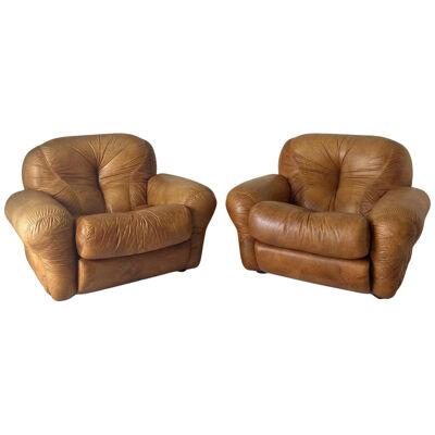 Brown leather lounge chairs, "Sapporo" model , Girgi mobili, Italy 1970s