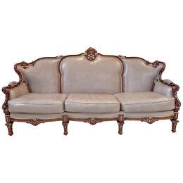 Italian Rococo Style Sofa in Fine Taupe / Gray Leather Upholstery and Mahogany