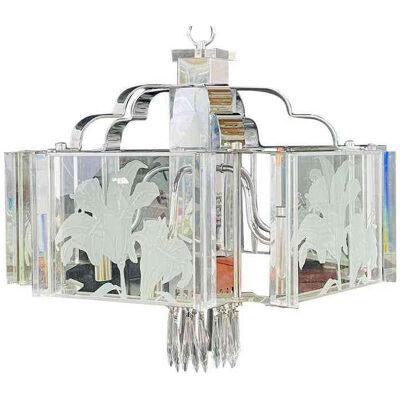 Frederick Ramond Art Deco Style Glass and Chrome Chandelier or Pendant