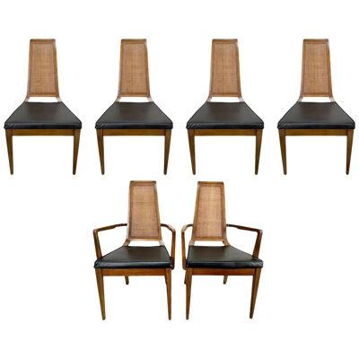 Mid Century Modern Walnut & Cane Dining Chair by American of Martinsville, 6 pcs
