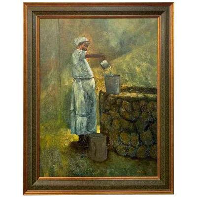 Oil on Canvas Figurative Painting of a Farmer Woman by a Well