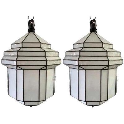 Large Art Deco Style White Milk Glass Chandelier, Pendant or Lantern, a Pair