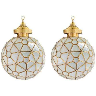 Art Deco Style Globe Milk Glass & Brass Chandelier, Pendant or Lantern, a Pair