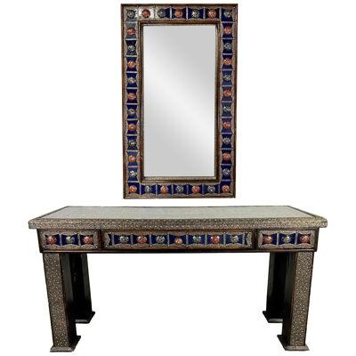 Hollywood Regency Style Blue & Silver Console With Mirror in Filligree Design