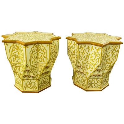 Vintage Moroccan Yellow & White Side or End Table in Star Shape, a Pair