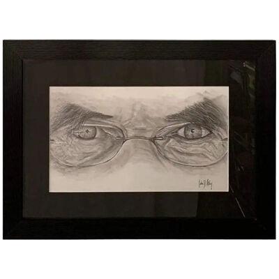 Portrait of a Man Charcoal Drawing Entitled "Intense Gaze", Signed and Framed
