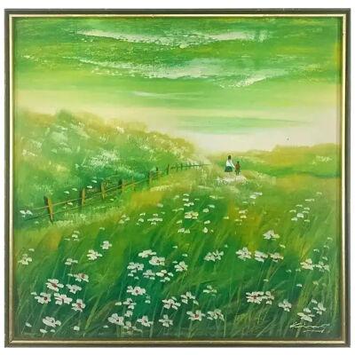 Daisies Green Field Landscape Oil on Panel Painting , Signed