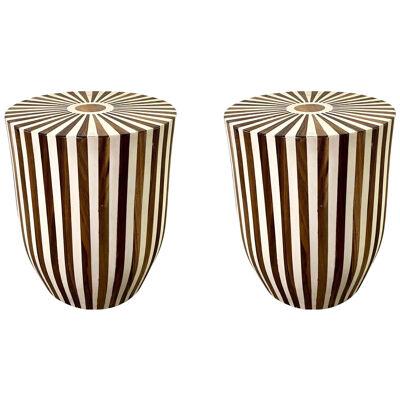 Art Deco Style Brown and White Resin Side, End Table or Stool, a Pair