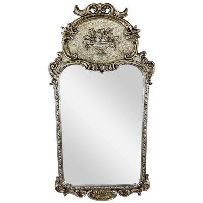 French Louis XVI Style Silver Trumeau Floral Design Wall or Mantel Mirror