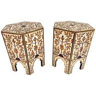 Moroccan Leaf Design Resin and Walnut Hexagonal Side or End Table a Pair