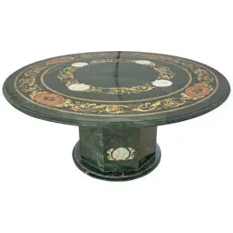 Large Italian Pietra Dura Inlaid Pedestal Center or dining Table in Green Marble